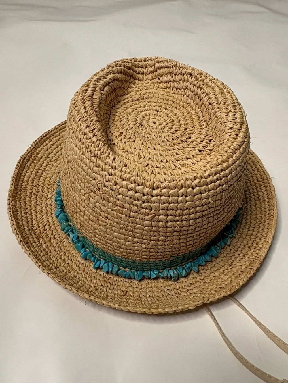 Wallaroo Raffia Tahiti Handwoven Straw Fedora Sun Hat Turquoise Bead Trim - Picture 8 of 8